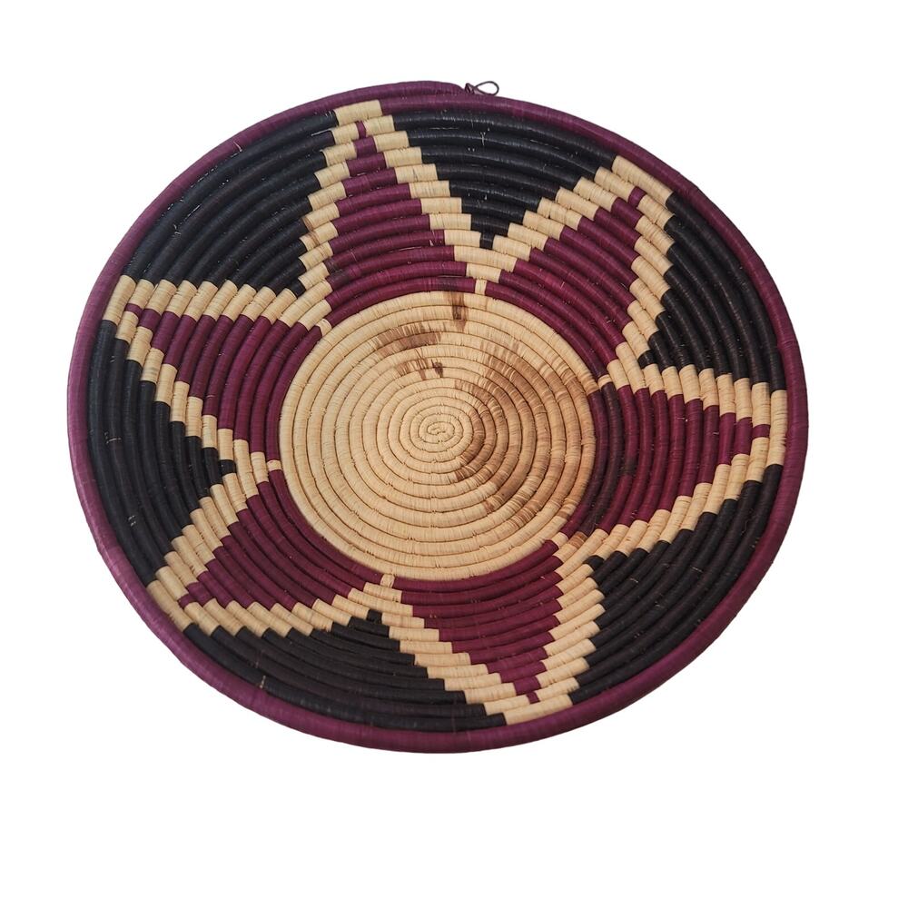 Handmade Woven Grass Coil Basket African Folk Art Bowl Wall BURGUNDY 14" x 3.5"